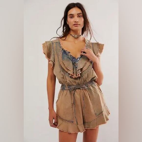 FREE PEOPLE FP One Naya Chambray Romper - Peach - Picture 1 of 14